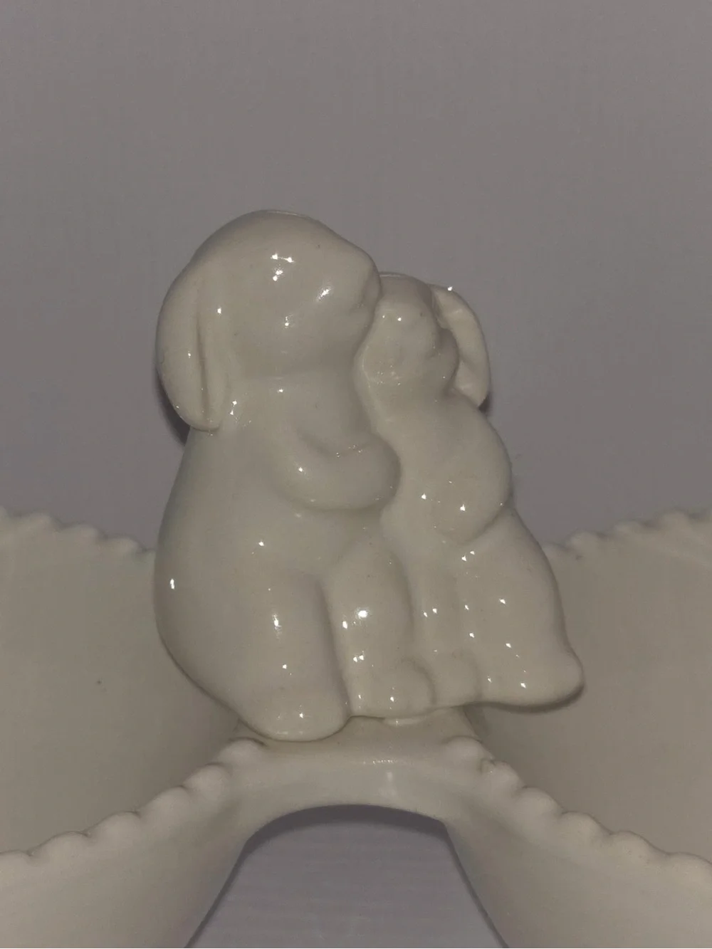 White Ceramic Double Dish with Decorative Bunnies
